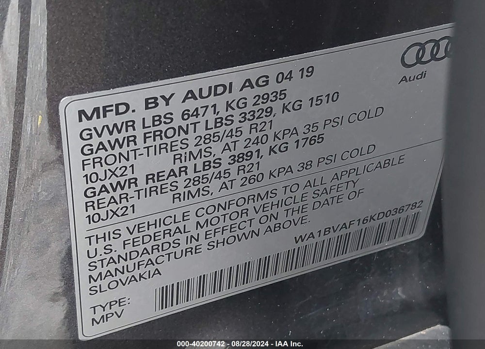 2019 AUDI Q8 55 PREMIUM VIN: WA1BVAF16KD036782