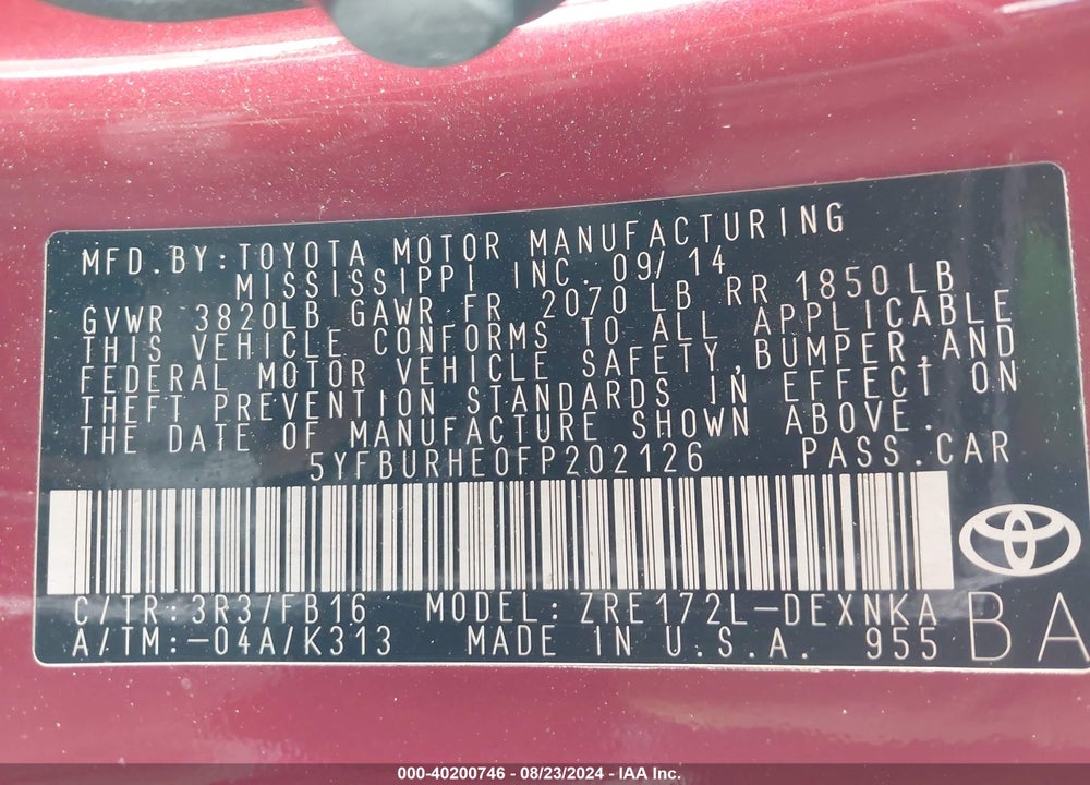 2015 TOYOTA COROLLA LE PLUS VIN: 5YFBURHE0FP202126