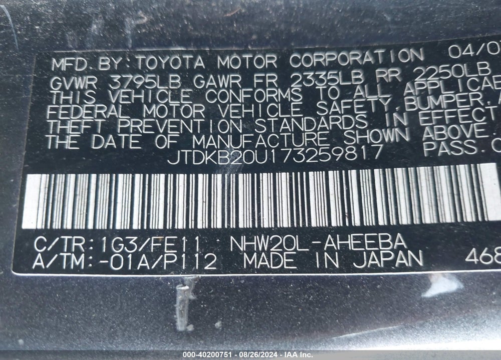 2007 TOYOTA PRIUS VIN: JTDKB20U173259817