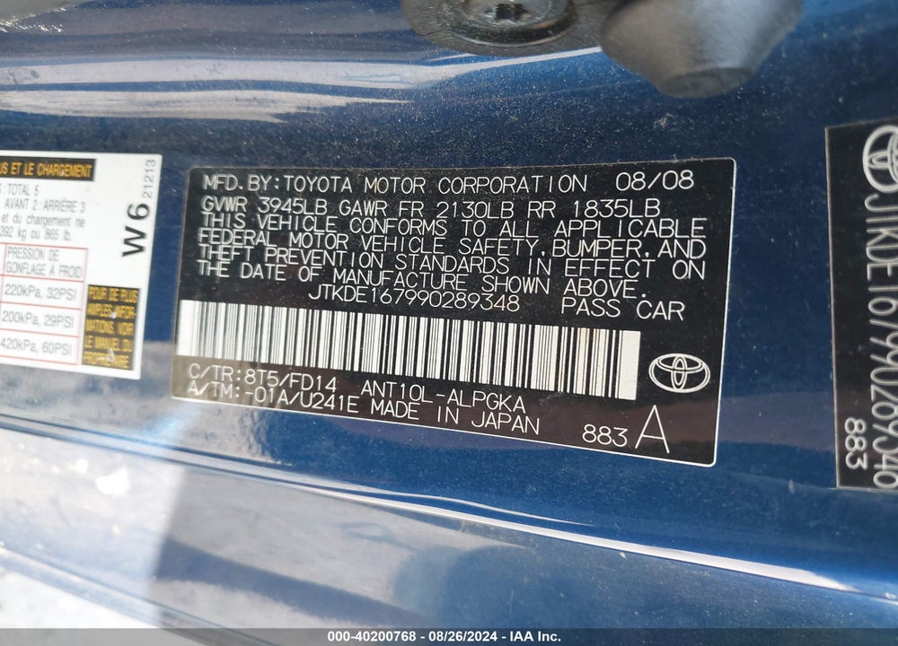2009 SCION TC VIN: JTKDE167990289348
