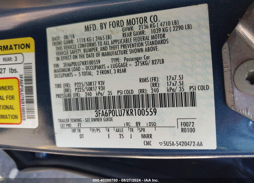 2019 FORD FUSION HYBRID SE VIN: 3FA6P0LU7KR100559