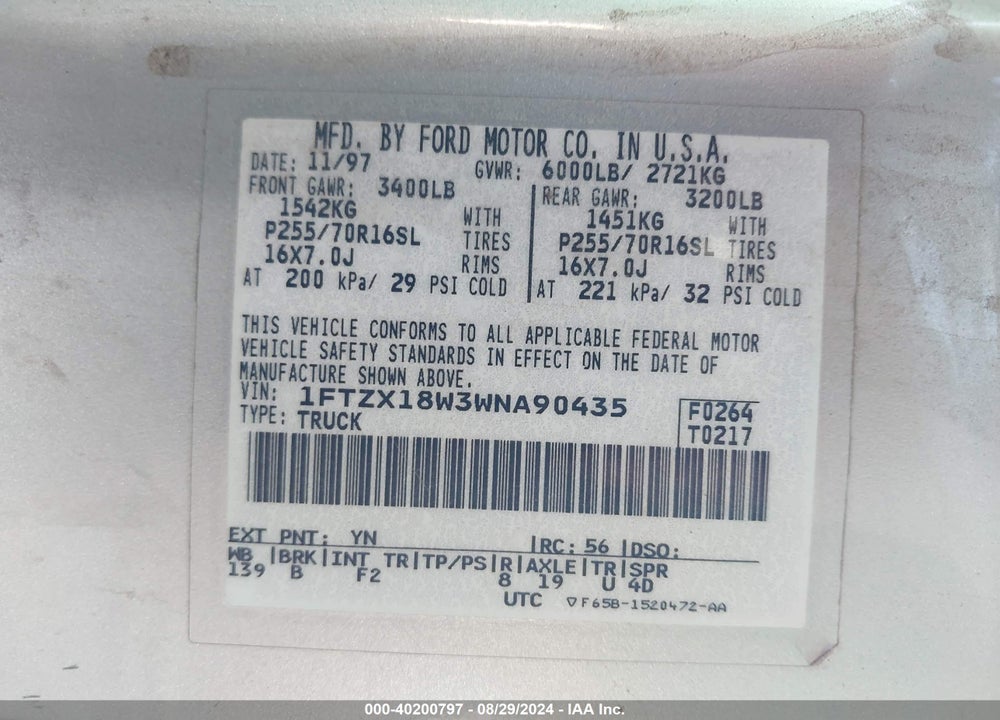 1998 FORD F-150 LARIAT/STANDARD/XL/XLT VIN: 1FTZX18W3WNA90435