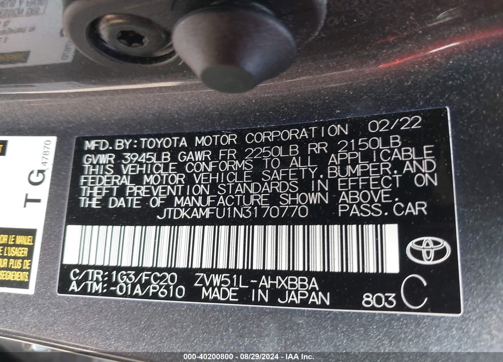 2022 TOYOTA PRIUS L VIN: JTDKAMFU1N3170770