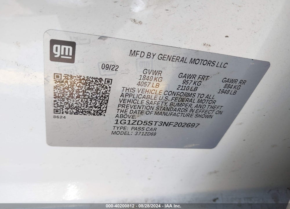 2022 CHEVROLET MALIBU FWD LT VIN: 1G1ZD5ST3NF202697