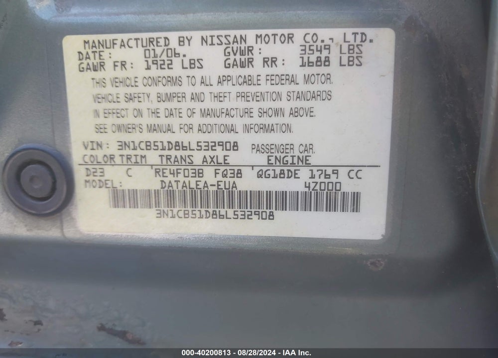 2006 NISSAN SENTRA 1.8S VIN: 3N1CB51D86L532908