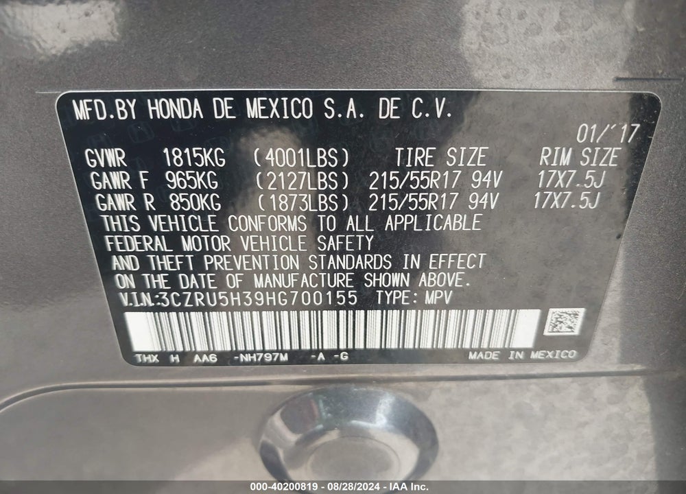 2017 HONDA HR-V LX VIN: 3CZRU5H39HG700155