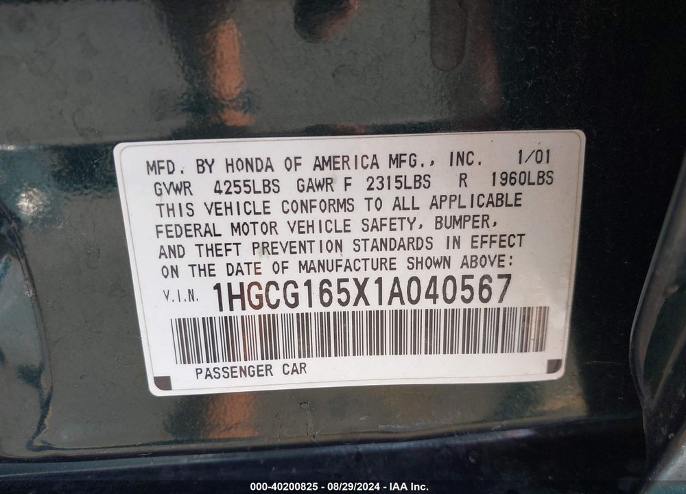 2001 HONDA ACCORD 3.0 EX VIN: 1HGCG165X1A040567