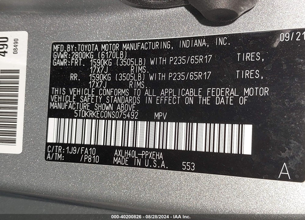 2022 TOYOTA SIENNA LE VIN: 5TDKRKEC0NS075492