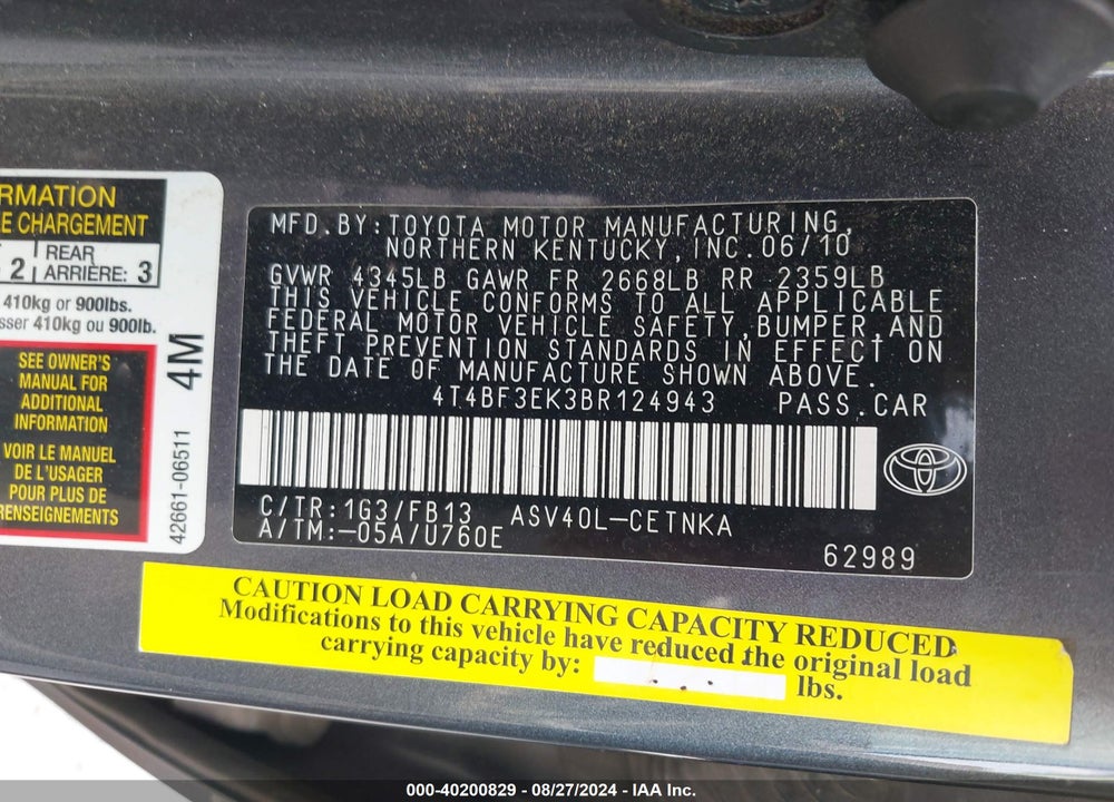 2011 TOYOTA CAMRY VIN: 4T4BF3EK3BR124943