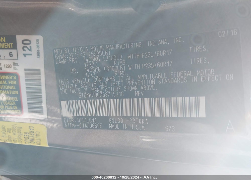 2016 TOYOTA SIENNA XLE 8 PASSENGER VIN: 5TDYK3DC7GS715318