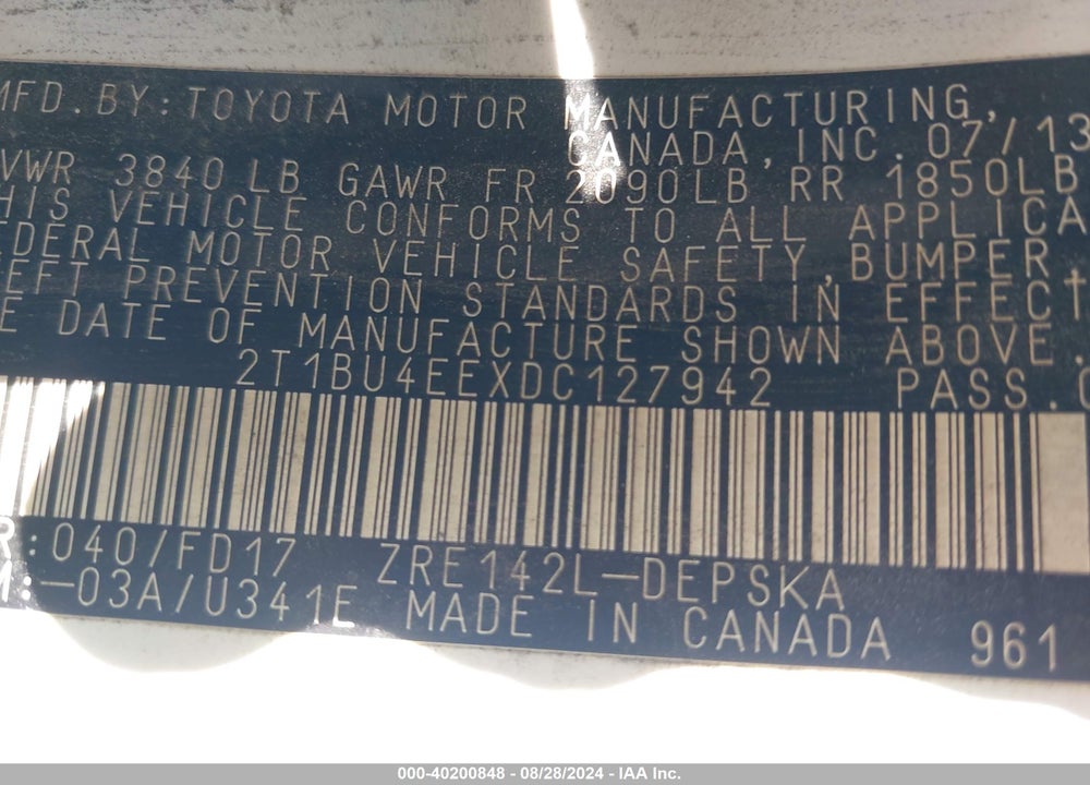 2013 TOYOTA COROLLA S VIN: 2T1BU4EEXDC127942