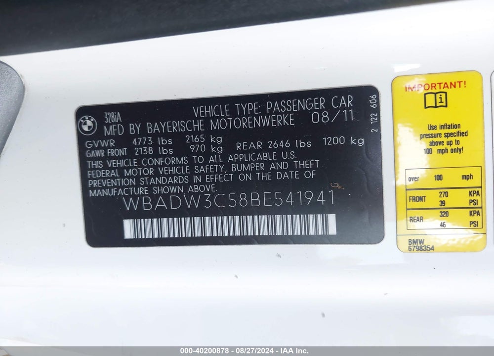 2011 BMW 328I VIN: WBADW3C58BE541941