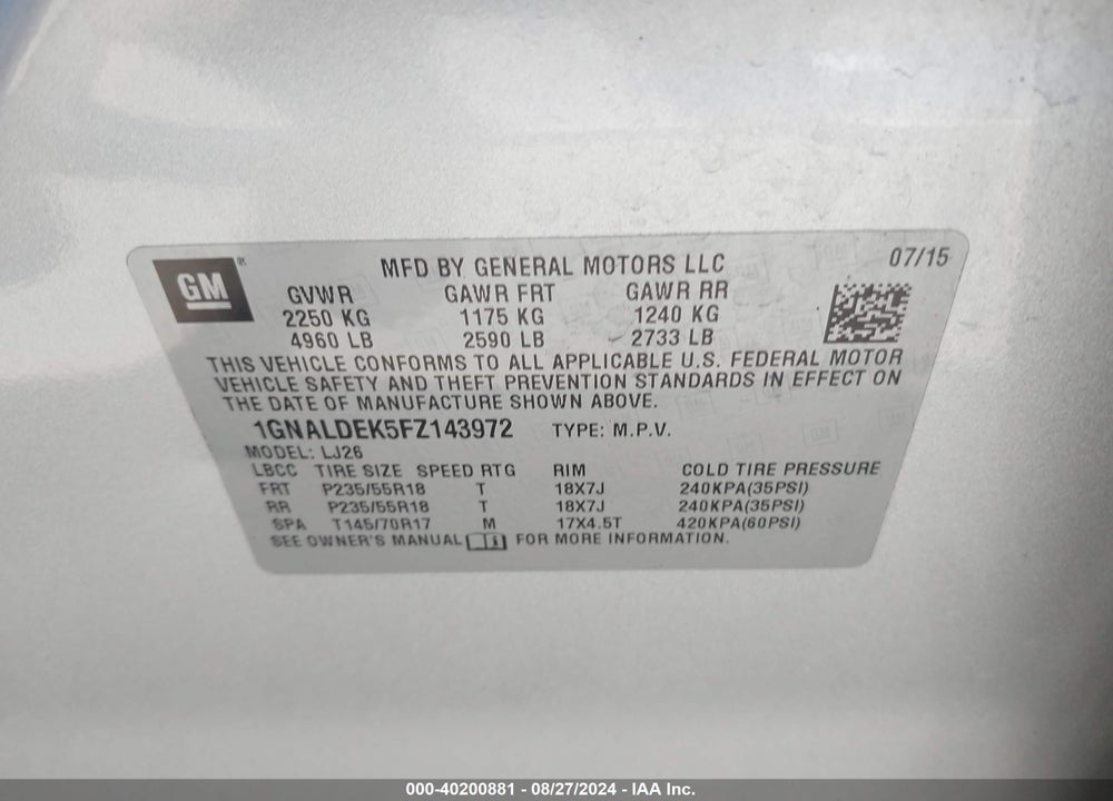 2015 CHEVROLET EQUINOX LTZ VIN: 1GNALDEK5FZ143972