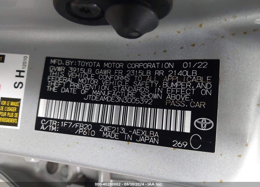 2022 TOYOTA COROLLA HYBRID LE VIN: JTDEAMDE3N3005392