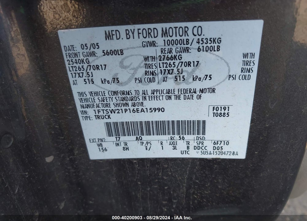 2006 FORD F-250 LARIAT/XL/XLT VIN: 1FTSW21P16EA15990