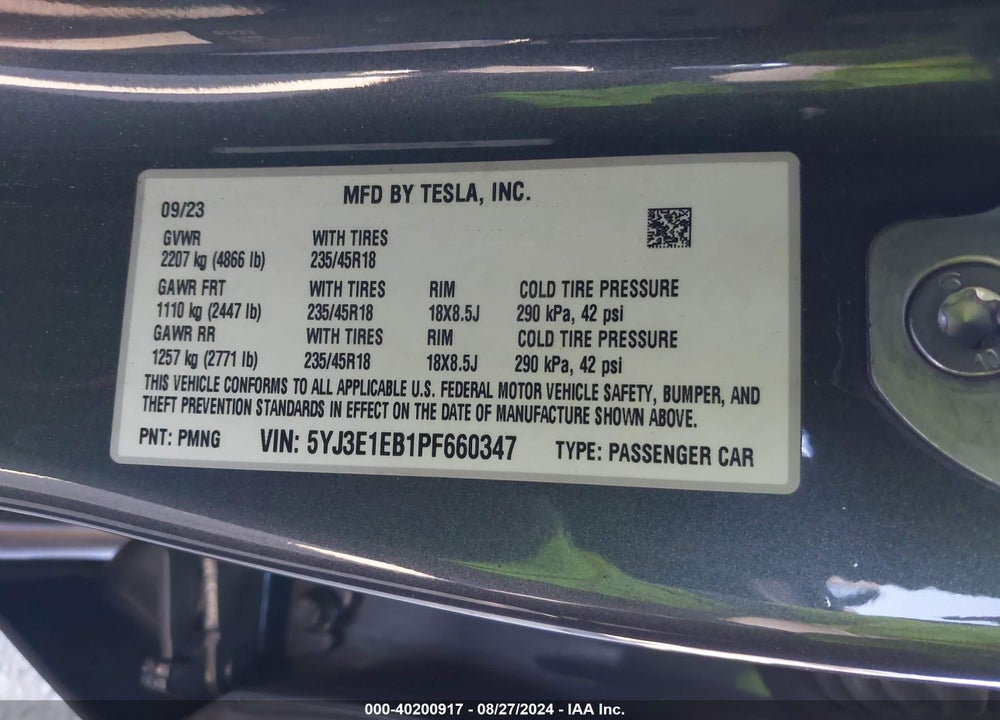 2023 TESLA MODEL 3 LONG RANGE DUAL MOTOR ALL-WHEEL DRIVE VIN: 5YJ3E1EB1PF660347