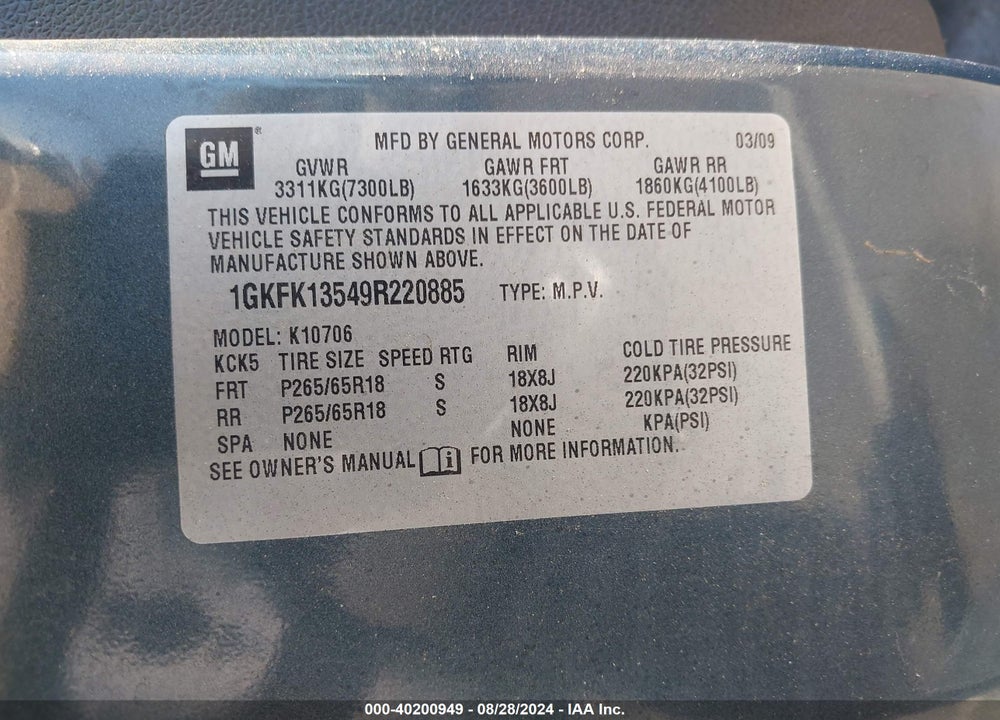 2009 GMC YUKON HYBRID VIN: 1GKFK13549R220885