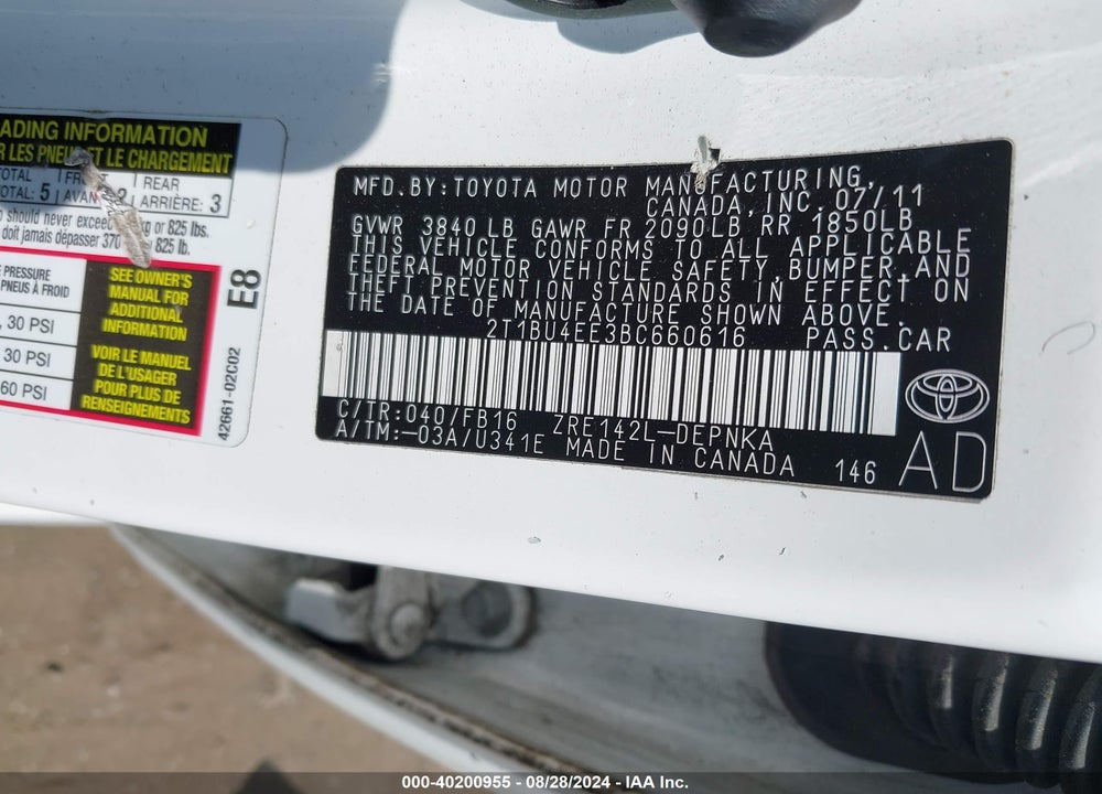 2011 TOYOTA COROLLA LE VIN: 2T1BU4EE3BC660616