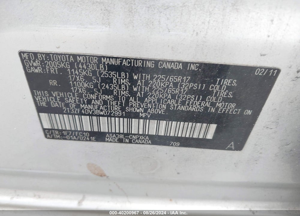 2011 TOYOTA RAV4 VIN: 2T3ZF4DV3BW072991