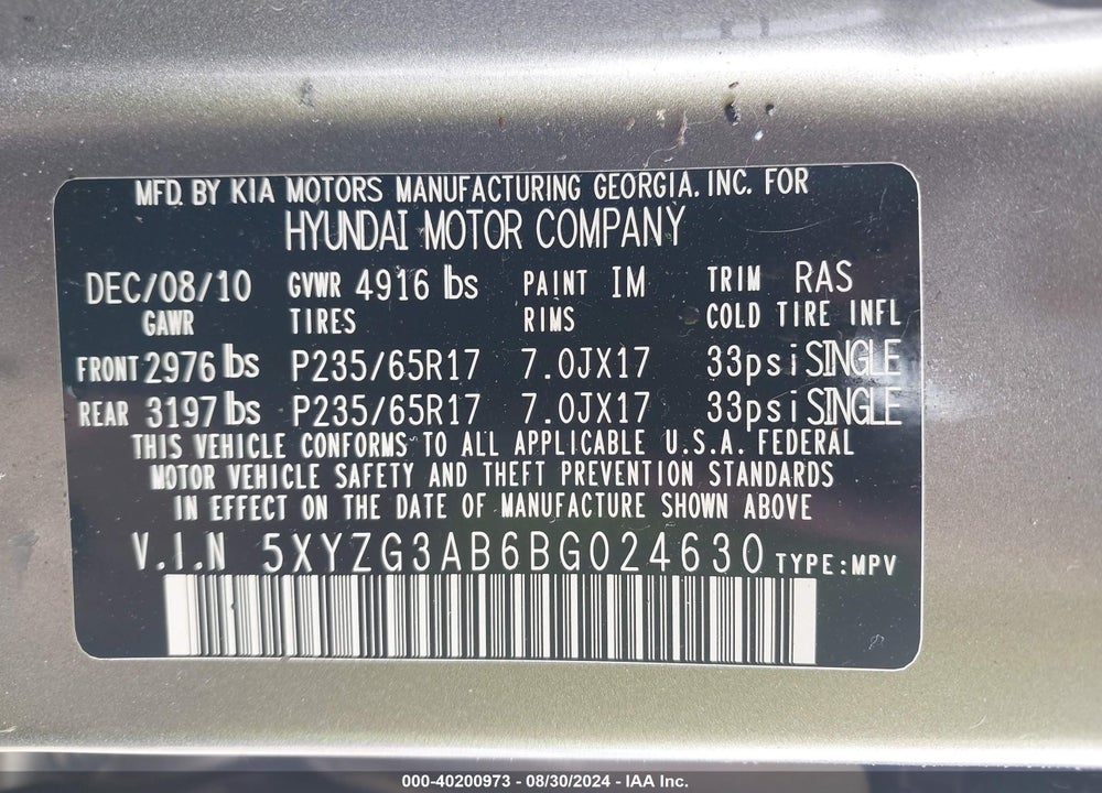 2011 HYUNDAI SANTA FE GLS VIN: 5XYZG3AB6BG024630