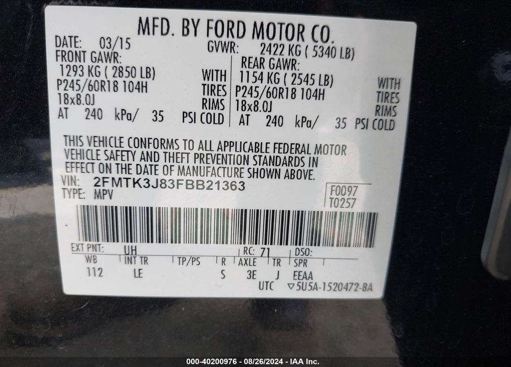 2015 FORD EDGE SEL VIN: 2FMTK3J83FBB21363