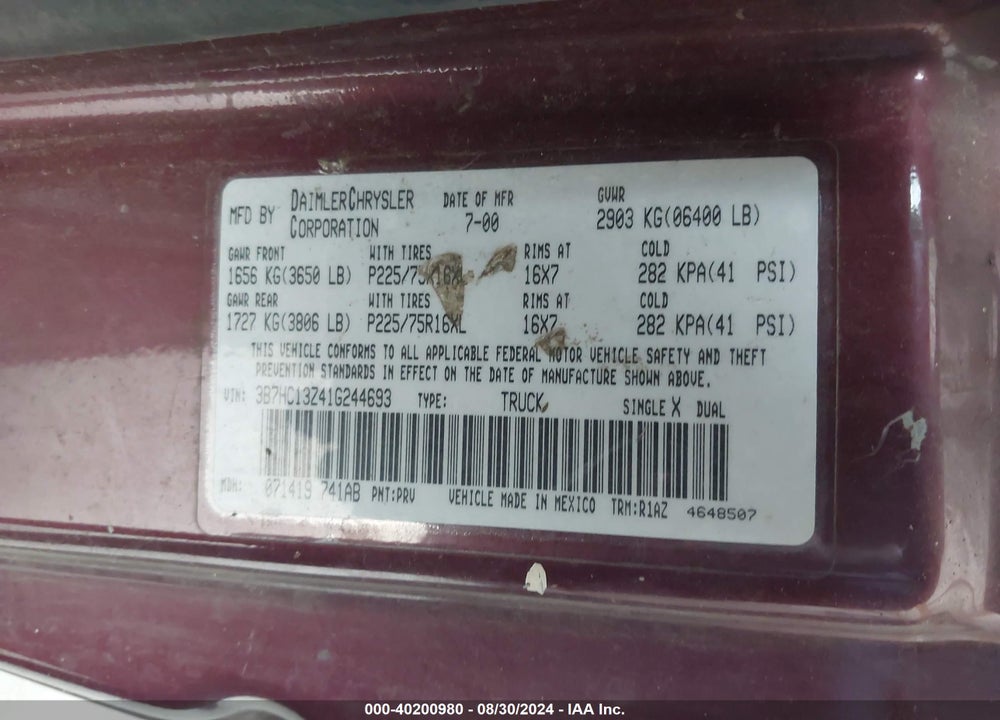 2001 DODGE RAM 1500 ST VIN: 3B7HC13Z41G244693