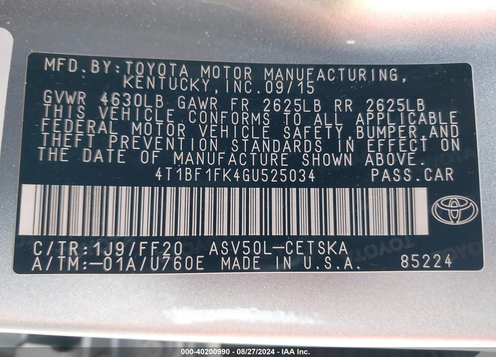 2016 TOYOTA CAMRY SE VIN: 4T1BF1FK4GU525034