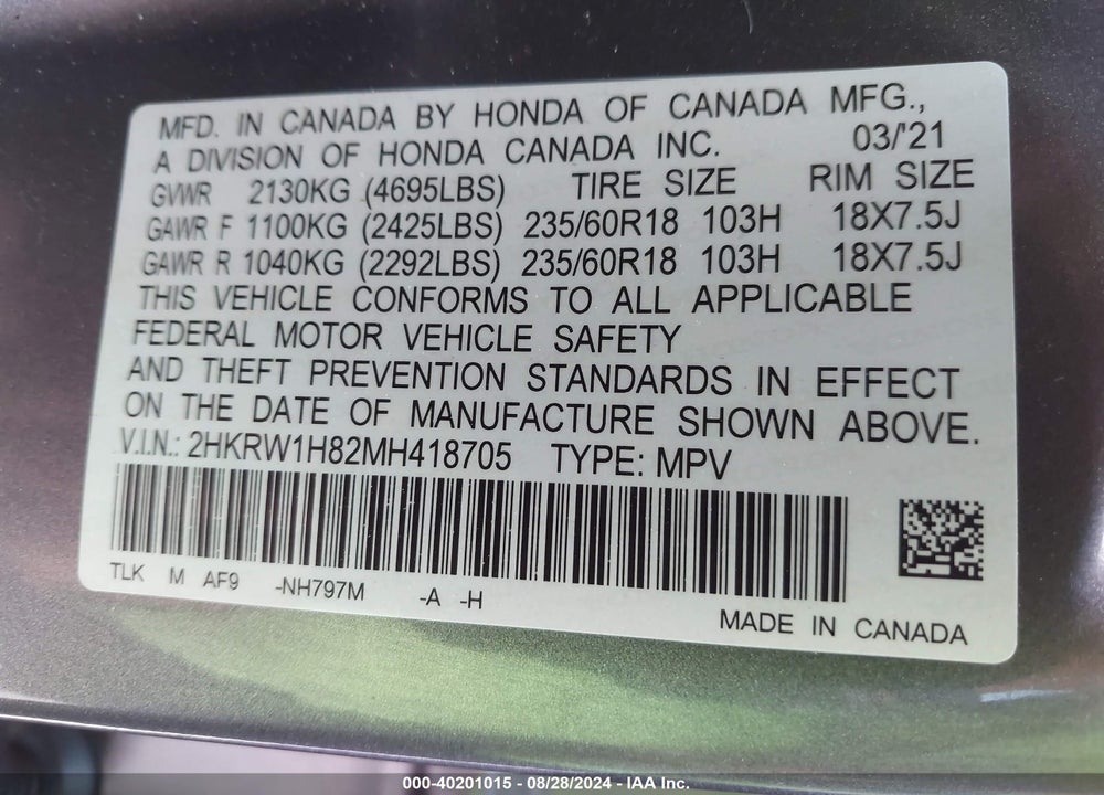 2021 HONDA CR-V 2WD EX-L VIN: 2HKRW1H82MH418705