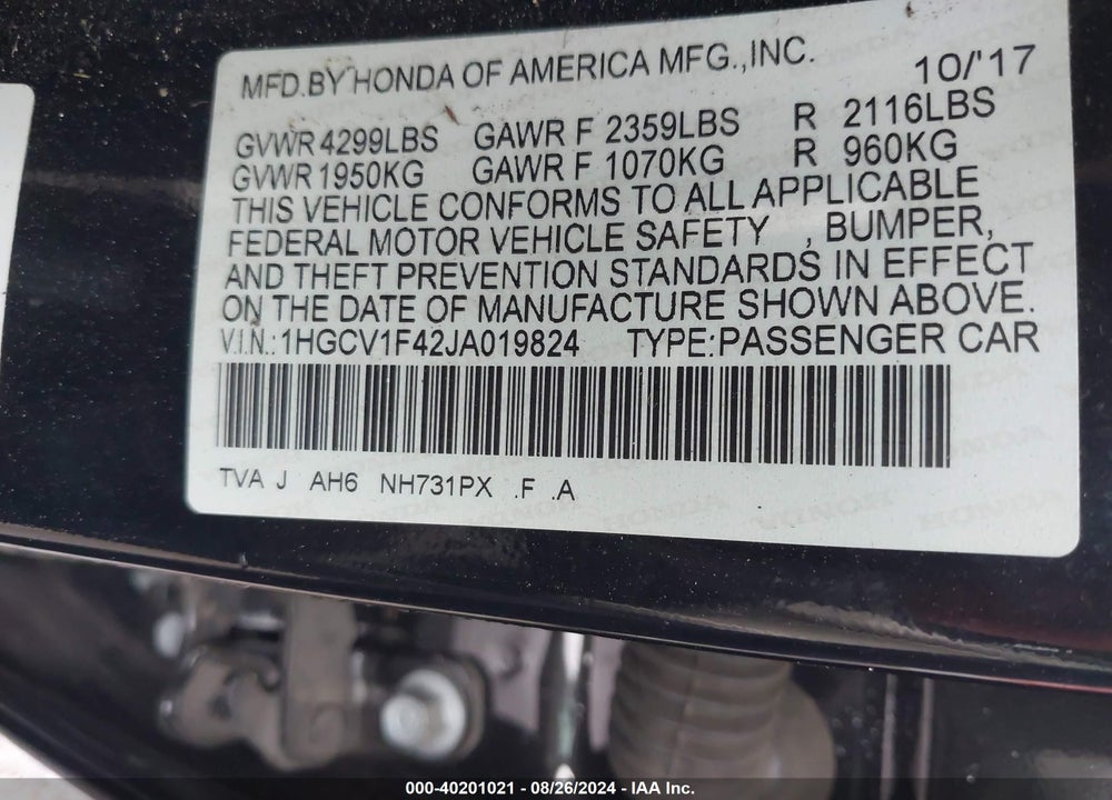 2018 HONDA ACCORD EX VIN: 1HGCV1F42JA019824