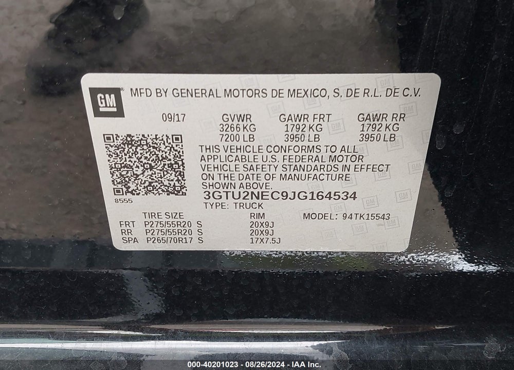 2018 GMC SIERRA 1500 SLT VIN: 3GTU2NEC9JG164534