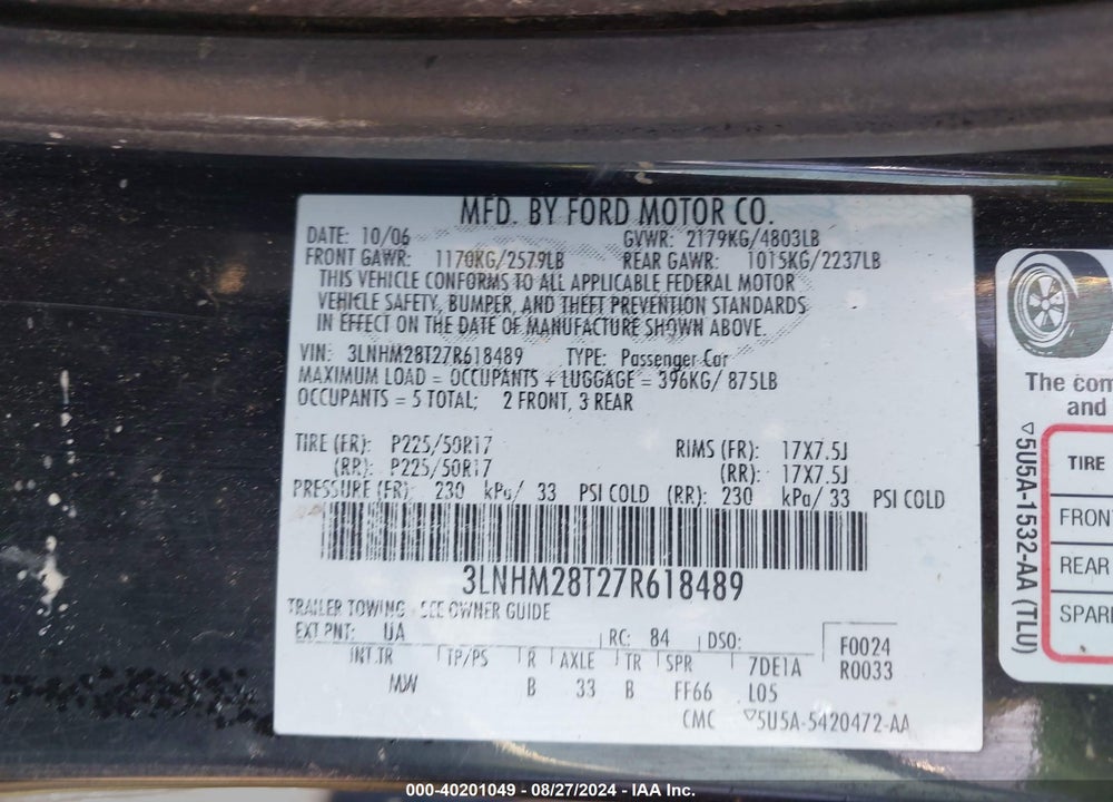 2007 LINCOLN MKZ VIN: 3LNHM28T27R618489