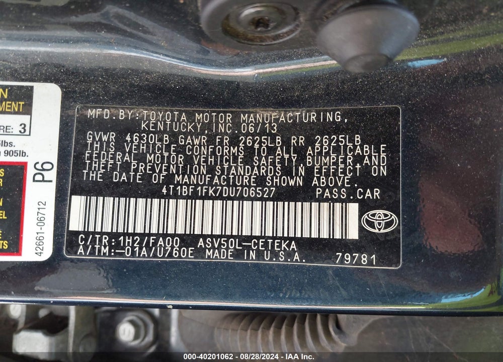 2013 TOYOTA CAMRY L VIN: 4T1BF1FK7DU706527