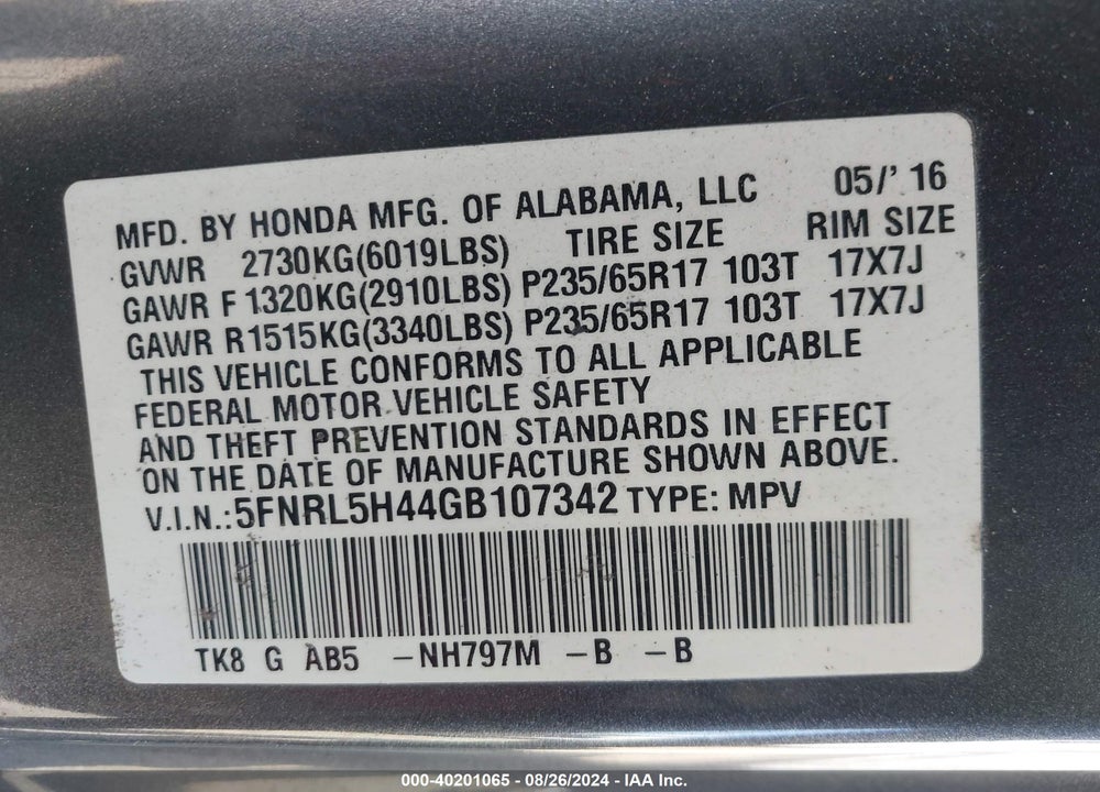 2016 HONDA ODYSSEY EX VIN: 5FNRL5H44GB107342