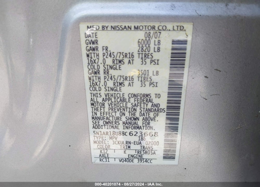 2008 NISSAN PATHFINDER S VIN: 5N1AR18U88C623668