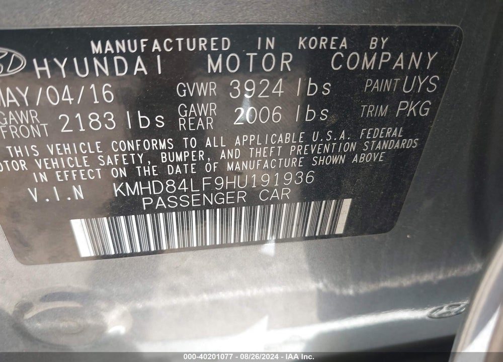 2017 HYUNDAI ELANTRA SE VIN: KMHD84LF9HU191936