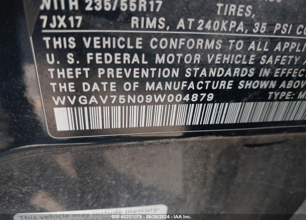 2009 VOLKSWAGEN TIGUAN S/SE/SEL VIN: WVGAV75N09W004879