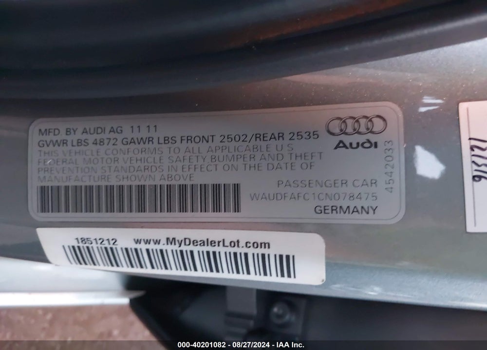 2012 AUDI A6 2.0T PREMIUM VIN: WAUDFAFC1CN078475