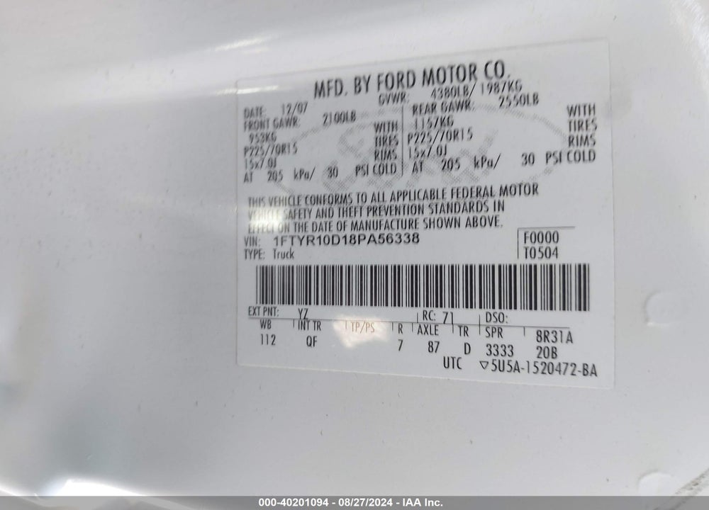 2008 FORD RANGER XL/XLT VIN: 1FTYR10D18PA56338
