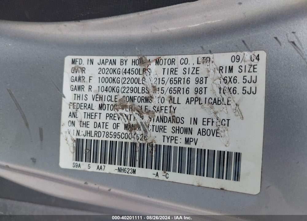 2005 HONDA CR-V LX VIN: JHLRD78595C004626