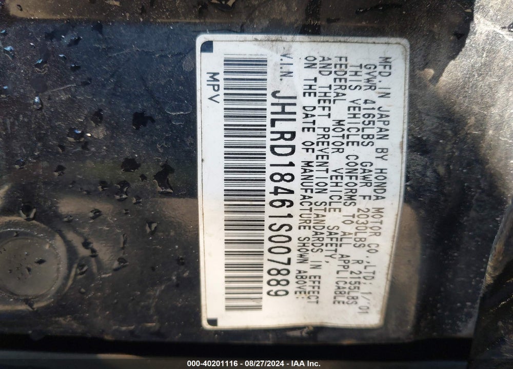 2001 HONDA CR-V LX VIN: JHLRD18461S007889