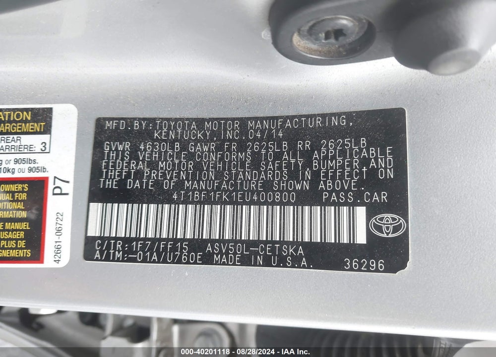 2014 TOYOTA CAMRY SE VIN: 4T1BF1FK1EU400800