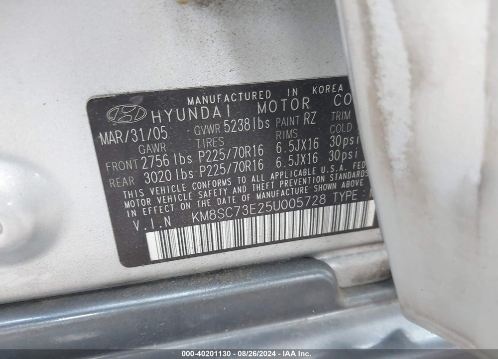 2005 HYUNDAI SANTA FE GLS/LX VIN: KM8SC73E25U005728