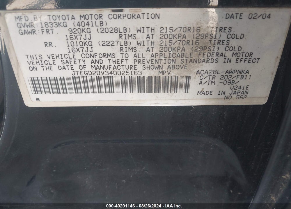 2004 TOYOTA RAV4 VIN: JTEGD20V340025163