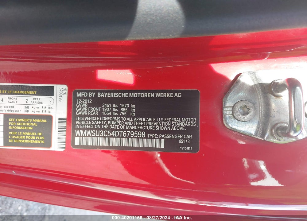 2013 MINI HARDTOP COOPER VIN: WMWSU3C54DT679598
