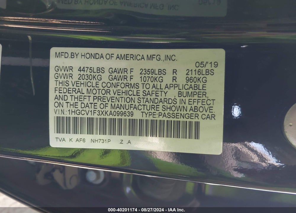 2019 HONDA ACCORD SPORT VIN: 1HGCV1F3XKA099639