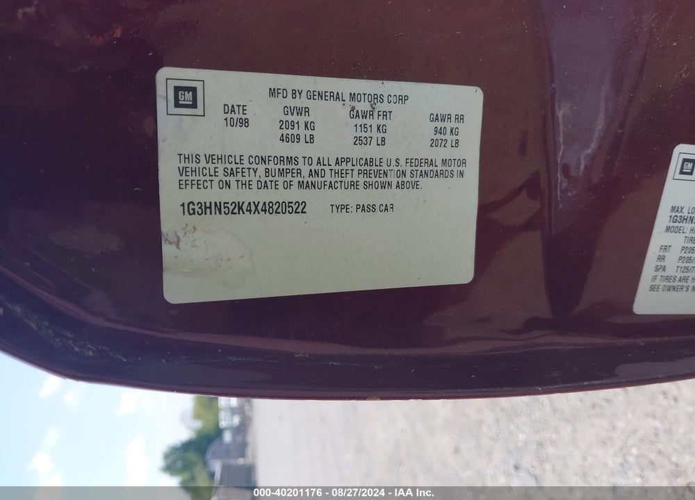 1999 OLDSMOBILE EIGHTY-EIGHT VIN: 1G3HN52K4X4820522