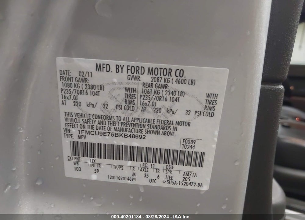 2011 FORD ESCAPE LIMITED VIN: 1FMCU9E75BKB48692