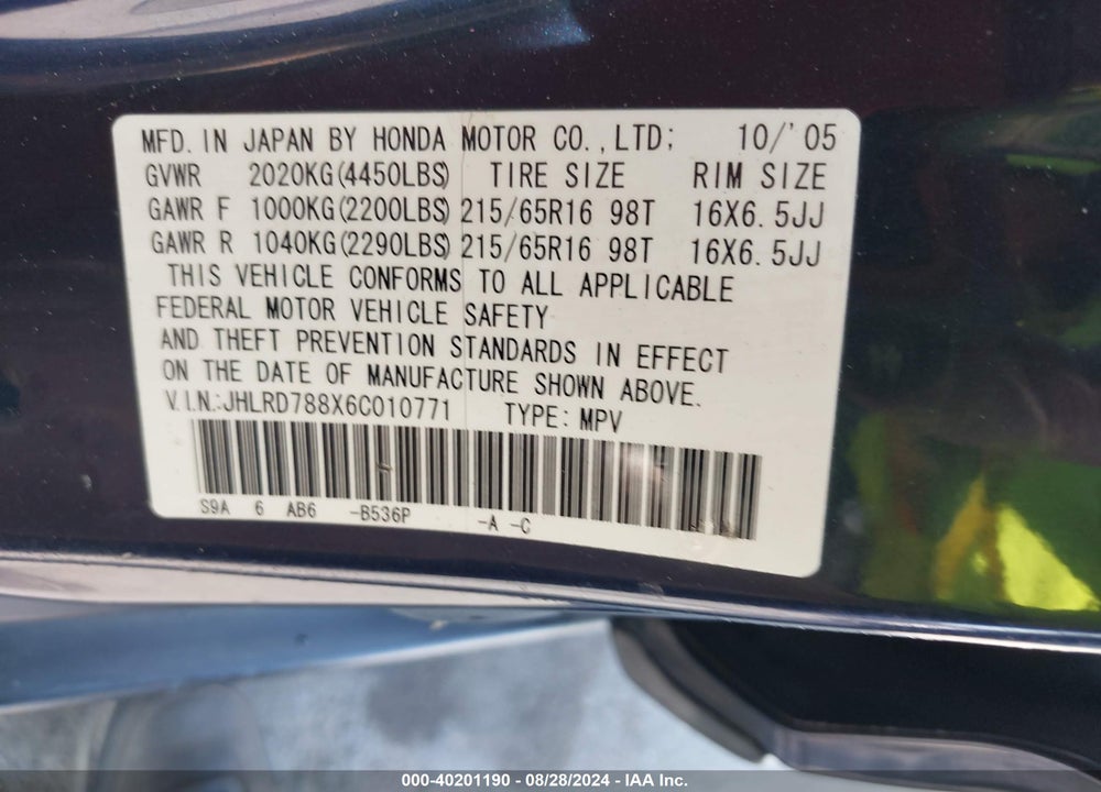 2006 HONDA CR-V EX VIN: JHLRD788X6C010771