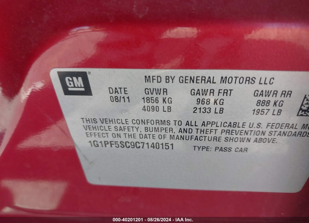 2012 CHEVROLET CRUZE 1LT VIN: 1G1PF5SC9C7140151