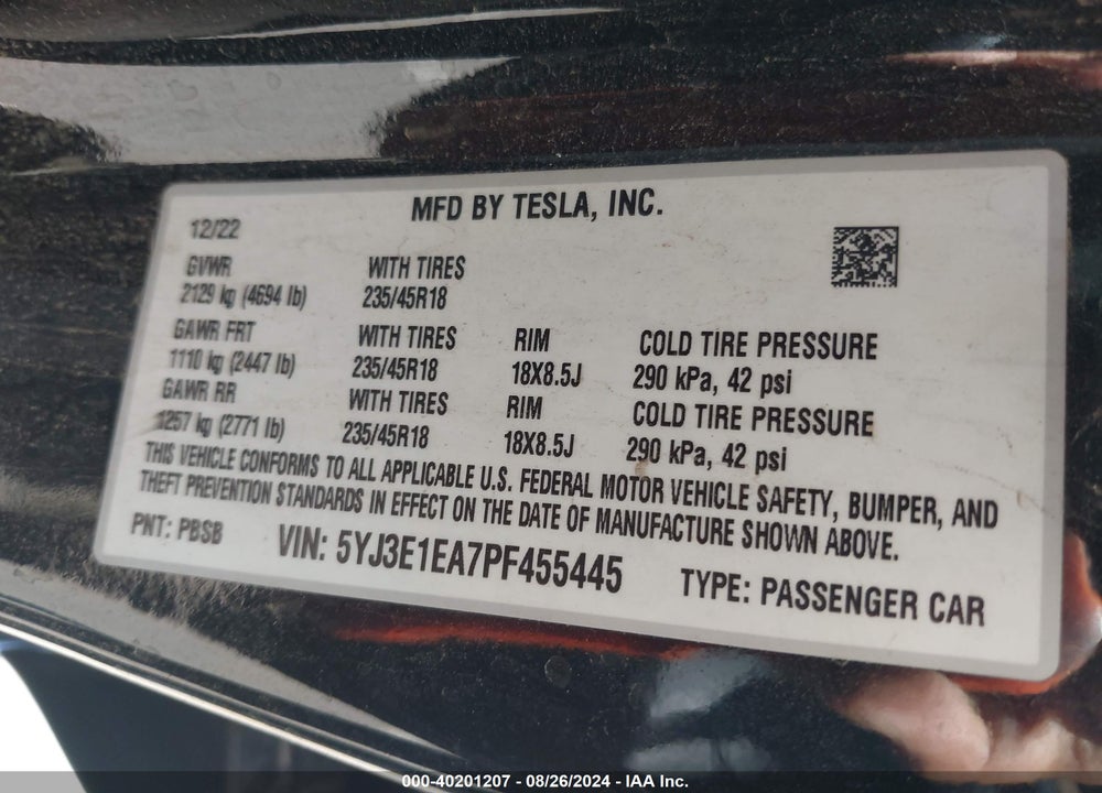 2023 TESLA MODEL 3 REAR-WHEEL DRIVE VIN: 5YJ3E1EA7PF455445
